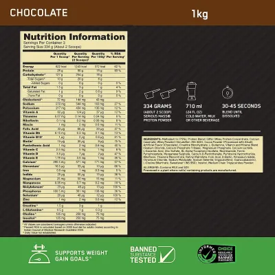 Optimum Nutrition: Serious Mass Weight Gainer Powder - 1kg - Chocolate