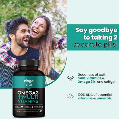 Zingavita: Omega 3 Fish Oil 1000mg Capsules with Multivitamin, Ginseng & Ashwagandha - 120 Softgels