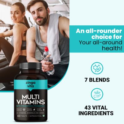 Zingavita: Multivitamin with Probiotics, Prebiotics, Vitamin B12, C, D, E, Zinc & Biotin - 120Tablets