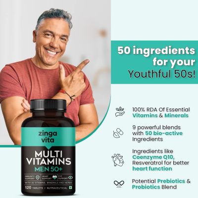 Zingavita: Multivitamin for Men 50+ Age with 50 Vitamins, Minerals, L-Arginine, Ginseng - 120Tablets