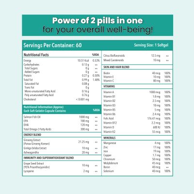 Zingavita: Omega 3 Fish Oil 1000mg Capsules with Multivitamin, Ginseng & Ashwagandha - 120 Softgels