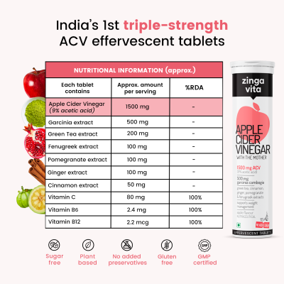 Zingavita: Triple Strength Apple Cider Vinegar 1500mg Effervescent Tablet with the Mother - 15Tablets