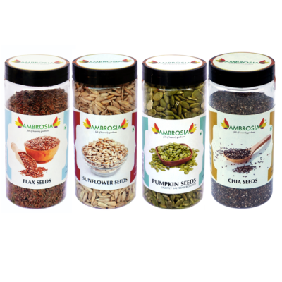 Ambrosia: Super Seeds Combo 1Kg Seeds - Pumpkin Seeds, Chia Seeds, Flax Seeds, Sunflower Seeds