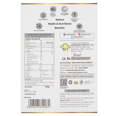 Ambrosia: Ambrosia Walnut Kernels Kashmiri Light Brown Halves 250g