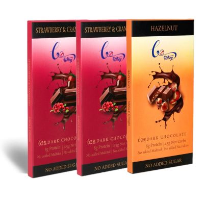 Gowhey: Berries Gone Nuts Dark Chocolate Bars (2 - 62% Strawberry & Cranberry Bars, 1 - 60% Hazelnut Bar) 50gm each ( Pack of 3)