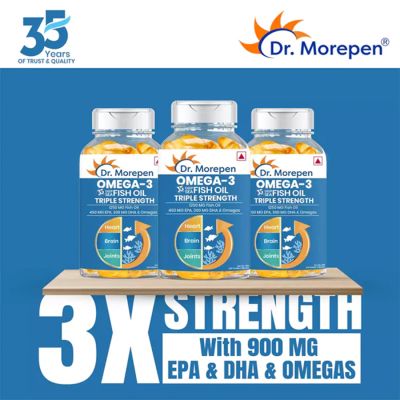 Dr. Morepen: Omega 3 Deep Sea Fish Oil Triple Strength for Healthy Heart, Brain & Joints, 1250mg with 900mg DHA & EPA - 60 Softgels Pack of 2