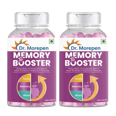 Dr. Morepen: Memory Booster Tablets with Ginko Biloba, Ashwagandha & Brahmi for Brain Health - 60 Veg Tablets Pack of 2