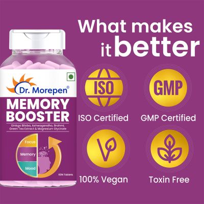 Dr. Morepen: Memory Booster Tablets with Ginko Biloba, Ashwagandha & Brahmi for Brain Health - 60 Veg Tablets Pack of 2
