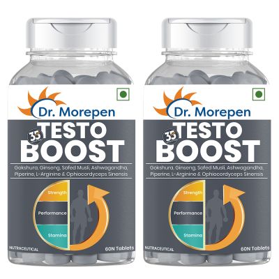 Dr. Morepen: Testo Boost for Men, Testosterone Booster Tablets for Energy, Stamina & Muscle Growth - 60 Veg Tablets Pack of 2