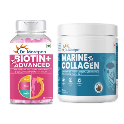 Dr. Morepen: Biotin+ Advanced tablets & Dr. Morepen Marine Collagen Protein Powder, Chocolate flavour-250 gm