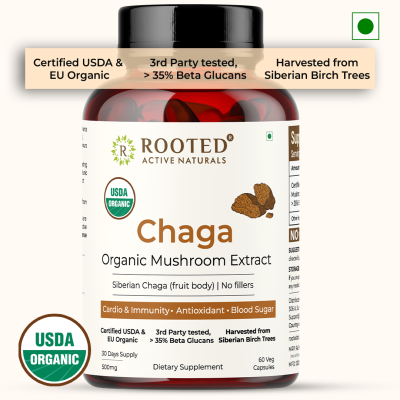 Rooted Active Naturals: Siberian Chaga mushroom Extract  (60 Caps, 500 mg) |Blood Sugar, Heart & Immunity. USDA Organic, 35% Beta Glucans