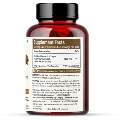 Rooted Active Naturals: Siberian Chaga mushroom Extract  (60 Caps, 500 mg) |Blood Sugar, Heart & Immunity. USDA Organic, 35% Beta Glucans
