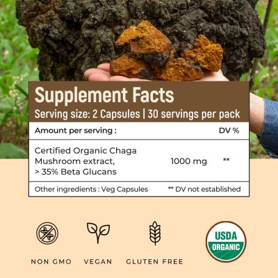 Rooted Active Naturals: Siberian Chaga mushroom Extract  (60 Caps, 500 mg) |Blood Sugar, Heart & Immunity. USDA Organic, 35% Beta Glucans
