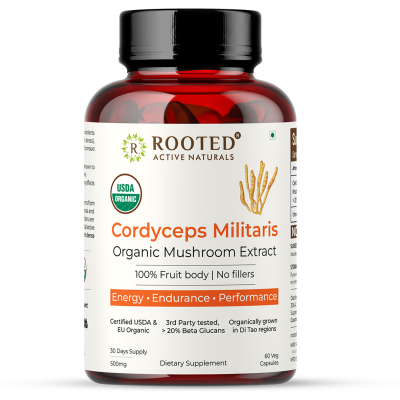Rooted Active Naturals: Cordyceps Militaris Mushroom Extract  (60 caps, 500 mg) |Energy, Stamina, Supports Testosterone, Virility, Lung health |USDA Organic, 20% Beta Glucans