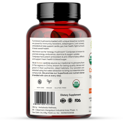 Rooted Active Naturals: Cordyceps Militaris Mushroom Extract  (60 caps, 500 mg) |Energy, Stamina, Supports Testosterone, Virility, Lung health |USDA Organic, 20% Beta Glucans