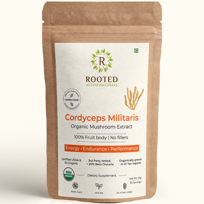 Rooted Active Naturals: Cordyceps Militaris Mushroom Extract powder (45 g) |Energy, Stamina & Endurance | Supports Testosterone, Virility, Lung health, USDA Organic, 20% Beta Glucans