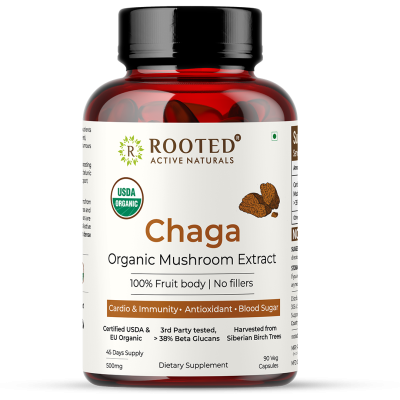 Rooted Active Naturals: Siberian Chaga mushroom Extract (90 Caps, 500 mg) |Blood Sugar, Heart & Immunity. USDA Organic, 35% Beta Glucans