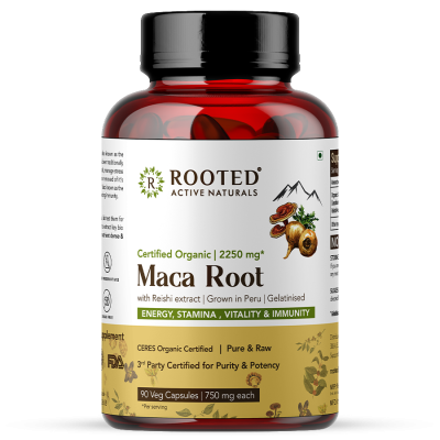 Rooted Active Naturals: Maca Root Extract with Reishi Mushroom (90 Veg Caps, 750 mg) -Stamina, Virility, Hormonal support| Imported from Peru, Certified Organic, Gelatinised