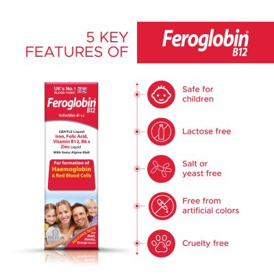 Feroglobin: B12 Liquid, Iron And Folic Acid Supplement For All Ages | Natural Orange Flavour Haematinic Capsules