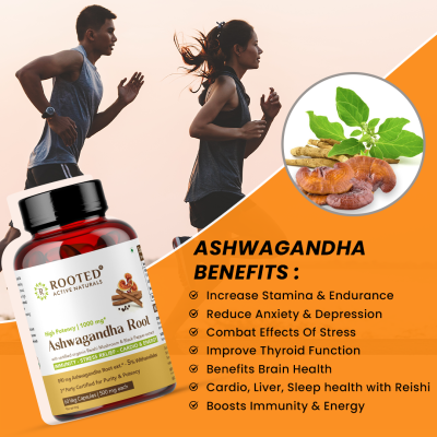 Rooted Active Naturals: Ashwagandha root extract (5% withanolides, 60 Caps, 500 mg) ,enhanced with Reishi Mushrooms | Supports Stress, Anxiety Relief, Energy & Immunity