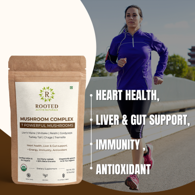 Rooted Active Naturals: 7 Mushrooms Complex (60 g) extract powder |  for Heart, Liver, Gut, Energy & Immunity (USDA organic, 30% Beta Glucans