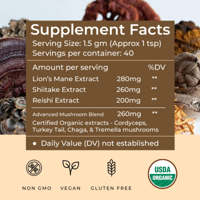 Rooted Active Naturals: 7 Mushrooms Complex (60 g) extract powder |  for Heart, Liver, Gut, Energy & Immunity (USDA organic, 30% Beta Glucans