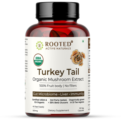 Rooted Active Naturals: USDA Organic Turkey Tail Mushroom Extract (90 Veg Caps, 500 mg), &gt; 35% Beta Glucans