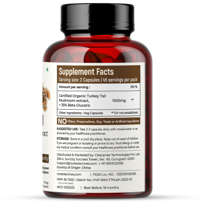 Rooted Active Naturals: USDA Organic Turkey Tail Mushroom Extract (90 Veg Caps, 500 mg), &gt; 35% Beta Glucans