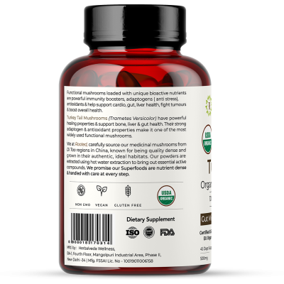 Rooted Active Naturals: USDA Organic Turkey Tail Mushroom Extract (90 Veg Caps, 500 mg), &gt; 35% Beta Glucans