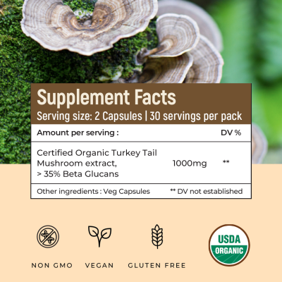 Rooted Active Naturals: USDA Organic Turkey Tail Mushroom Extract (90 Veg Caps, 500 mg), &gt; 35% Beta Glucans