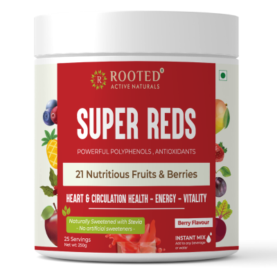 Rooted Active Naturals: Super Reds health drink ( 250 g, 21 nutritious fruits, berries & Stevia) | Rich in antioxidants, flavonoids & polyphenols | Heart, Circulation health, Energy & Vitality