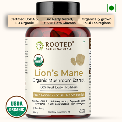 Rooted Active Naturals: Lions Mane mushroom Extract  ( 60 Veg Caps, 500 mg) | Memory, Focus, Brain Powder & Nerve Health. USDA Organic, 38% Beta Glucans