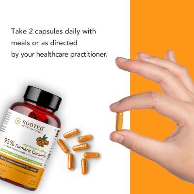 Rooted Active Naturals: Turmeric Curcumin (95%) with Reishi Mushroom extract (for better absorbtion)1300mg, for Immunity, Joints Cardio Health| 60 VEG Capsules, 650 Mg each