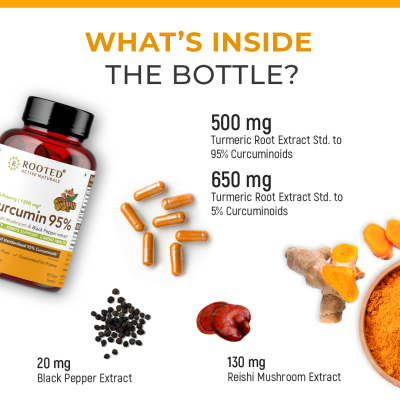 Rooted Active Naturals: Turmeric Curcumin (95%) with Reishi Mushroom extract (for better absorbtion)1300mg, for Immunity, Joints Cardio Health| 60 VEG Capsules, 650 Mg each