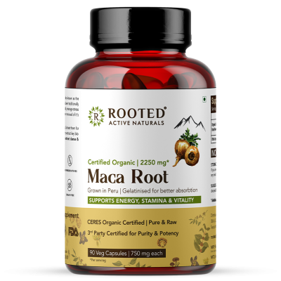 Rooted Active Naturals: Maca Root Extract  (90 Veg Caps, 750 mg) -Stamina, Virility, Hormonal support| Imported from Peru, Certified Organic, Gelatinised