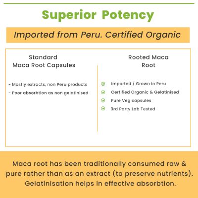 Rooted Active Naturals: Maca Root Extract  (90 Veg Caps, 750 mg) -Stamina, Virility, Hormonal support| Imported from Peru, Certified Organic, Gelatinised