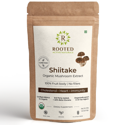Rooted Active Naturals: Shiitake mushroom Extract Powder (60 g) |Cholesterol, Heart health, Immunity. USDA Organic, 40% Beta Glucans
