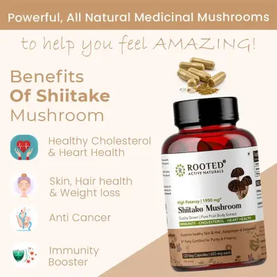 Rooted Active Naturals: Shiitake Mushroom 60 Capsules 650 mg | Supports Healthy Cholesterol & Helps BP Levels |Immunity, Heart, Skin & Hair Health & Weight Control