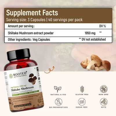 Rooted Active Naturals: Shiitake Mushroom 60 Capsules 650 mg | Supports Healthy Cholesterol & Helps BP Levels |Immunity, Heart, Skin & Hair Health & Weight Control