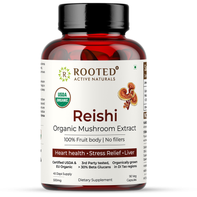 Rooted Active Naturals: Reishi mushroom Extract Powder (90 Veg Caps, 500 mg) | Heart health, Stress Relief, Liver. supportUSDA Organic, 30% Beta Glucans Rooted Active Naturals: Reishi mushroom Extract Powder (90 Veg Caps, 500 mg) | Heart health, Stress Relief, Liver. supportUSDA Organic, 30% Beta Glucans