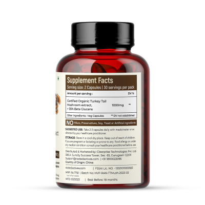 Rooted Active Naturals: USDA Organic Turkey Tail Mushroom Extract (60 Veg Caps, 500 mg), &gt; 35% Beta Glucans