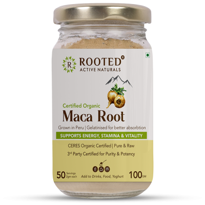 Rooted Active Naturals: Maca Root Extract powder (100 g) -Stamina, Virility, Hormonal support| Imported from Peru, Certified Organic, Gelatinised