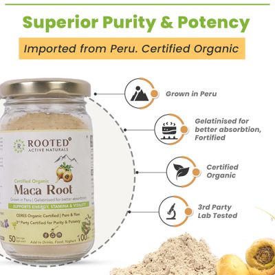 Rooted Active Naturals: Maca Root Extract powder (100 g) -Stamina, Virility, Hormonal support| Imported from Peru, Certified Organic, Gelatinised