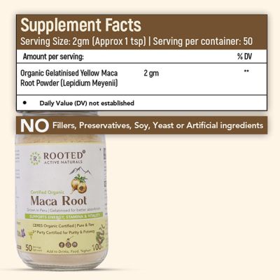 Rooted Active Naturals: Maca Root Extract powder (100 g) -Stamina, Virility, Hormonal support| Imported from Peru, Certified Organic, Gelatinised