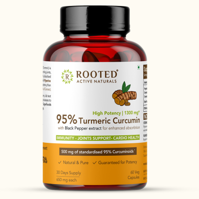 Rooted Active Naturals: Curcumin (95%) Reishi & Black pepper Extract (for better absorbtion)1300mg, for Immunity, Joints Cardio Health| 90 VEG Capsules, 500 Mg each