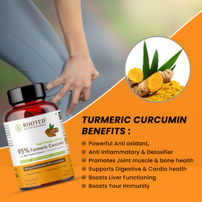 Rooted Active Naturals: Curcumin (95%) Reishi & Black pepper Extract (for better absorbtion)1300mg, for Immunity, Joints Cardio Health| 90 VEG Capsules, 500 Mg each