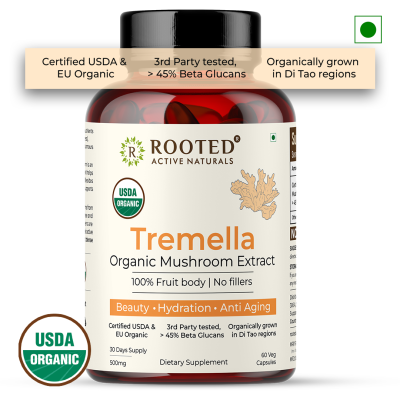 Rooted Active Naturals: Tremella Mushroom Extract  (60 Veg caps, 500 mg) |Beauty, Skin Glow, Collagen booster, Hyalyronic acid, Hydration| USDA Organic, 45% Beta Glucans