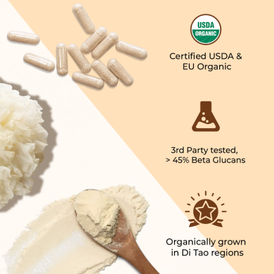 Rooted Active Naturals: Tremella Mushroom Extract  (60 Veg caps, 500 mg) |Beauty, Skin Glow, Collagen booster, Hyalyronic acid, Hydration| USDA Organic, 45% Beta Glucans