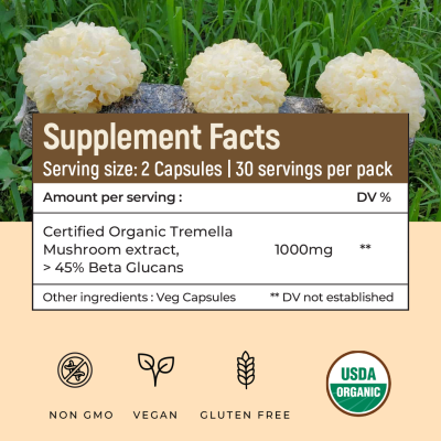 Rooted Active Naturals: Tremella Mushroom Extract  (60 Veg caps, 500 mg) |Beauty, Skin Glow, Collagen booster, Hyalyronic acid, Hydration| USDA Organic, 45% Beta Glucans