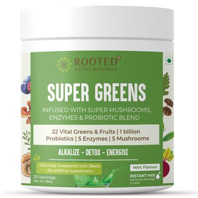 Rooted Active Naturals: Superfood Greens, Mushrooms & Herbs blend| (250 g), 22 Daily Greens & Fruits, 5 Mushrooms, Probiotics & Enzymes | Rich in vitamins, minerals, iron, fiber & antioxidants Rooted Active Naturals: Superfood Greens, Mushrooms & Herbs blend| (250 g), 22 Daily Greens & Fruits, 5 Mushrooms, Probiotics & Enzymes | Rich in vitamins, minerals, iron, fiber & antioxidants